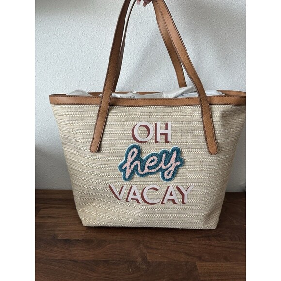 NEW! FOSSIL Graphic OH HEY VACAY Large Natural Straw Beach Tote Bag $108 - Picture 1 of 12